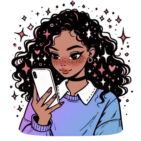 An illustration of a person looking at their phone with sparkles around them, reflecting the small moments of insight that come from answering guided questions.