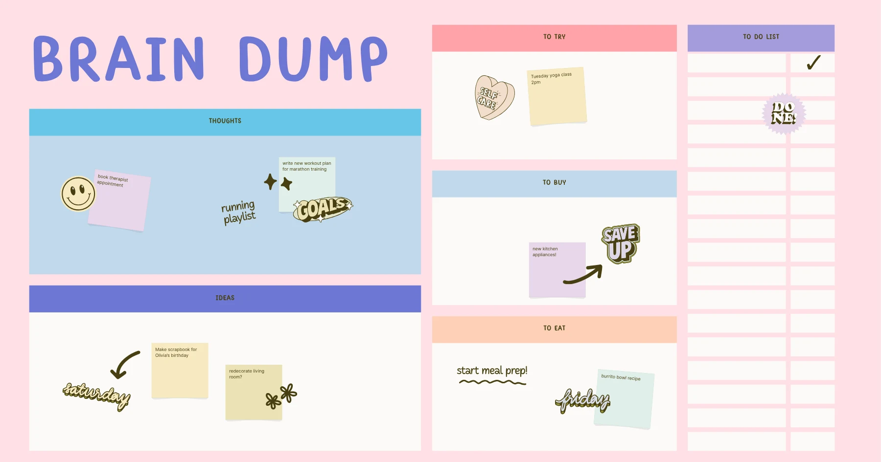 Screenshot showing what the free downloadable worksheet pages look like. The worksheet is for dumping out all your ideas and sorting them - a brain dump template