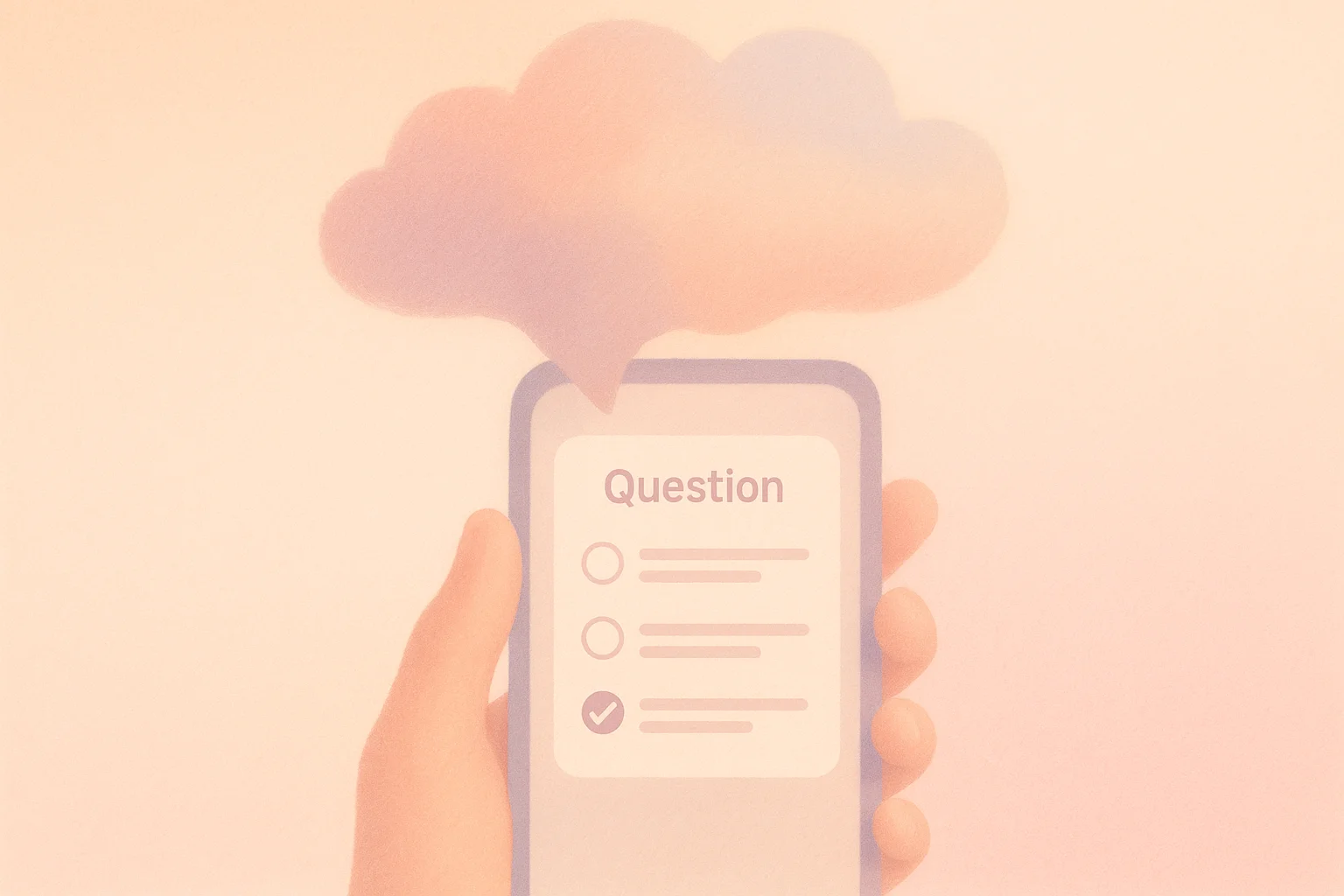 A hand holding a phone with a reflective question on the screen and a thought bubble above it, symbolizing sharing mental health struggles with an AI chatbot.