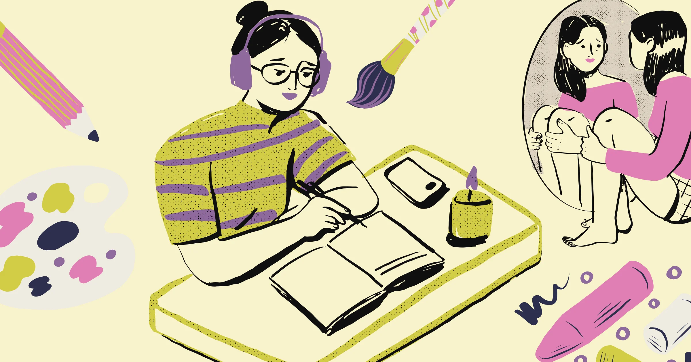 Illustrated collage featuring traditional pen-and-paper journaling, representing the 2026 shift between high-tech and anti-app journaling trends.