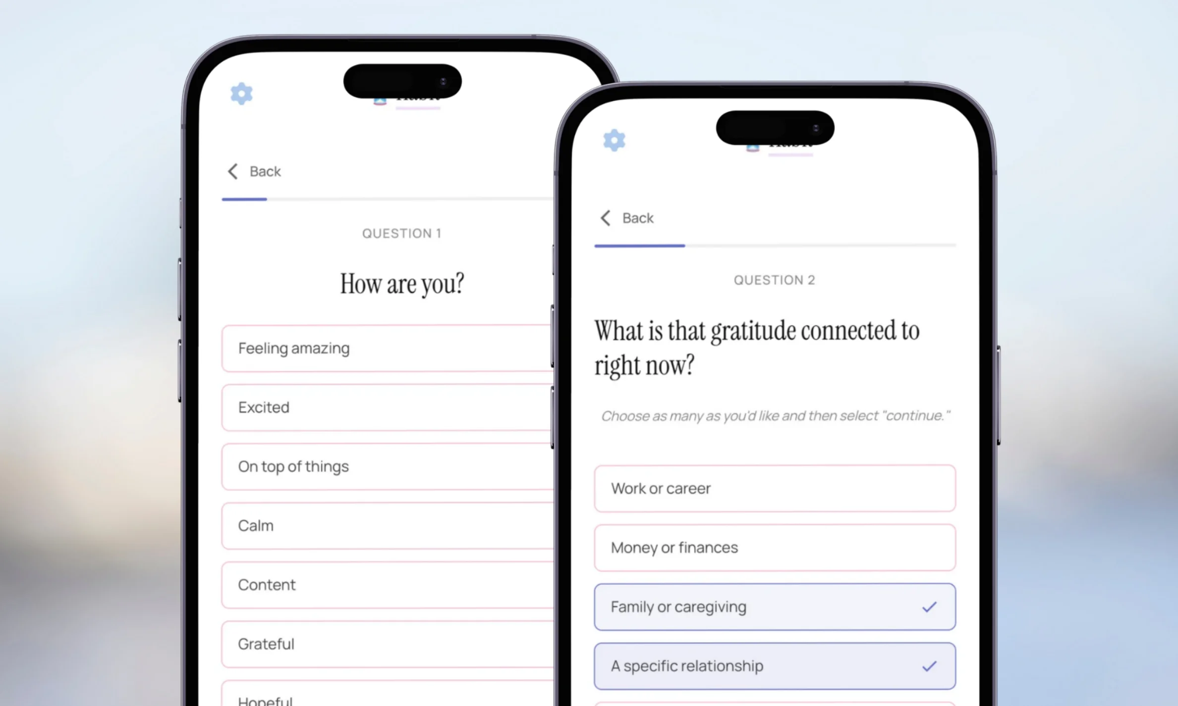 Habit app showing structured guided journaling questions on two phone screens