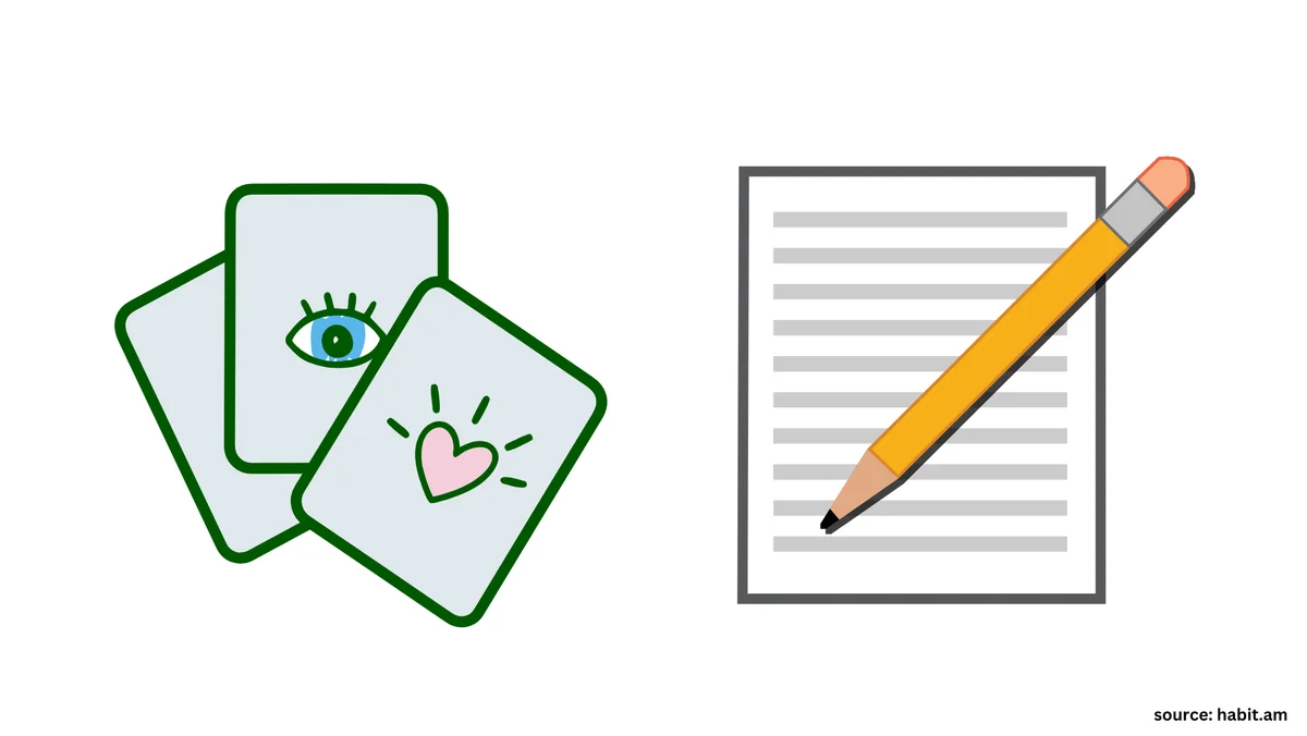 Illustration showing guided prompts as cards versus traditional long-form journaling with a pencil and paper