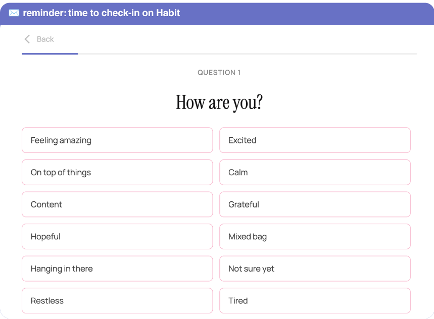 A Habit guided check-in in progress, showing a clear, tappable question instead of a blank page.