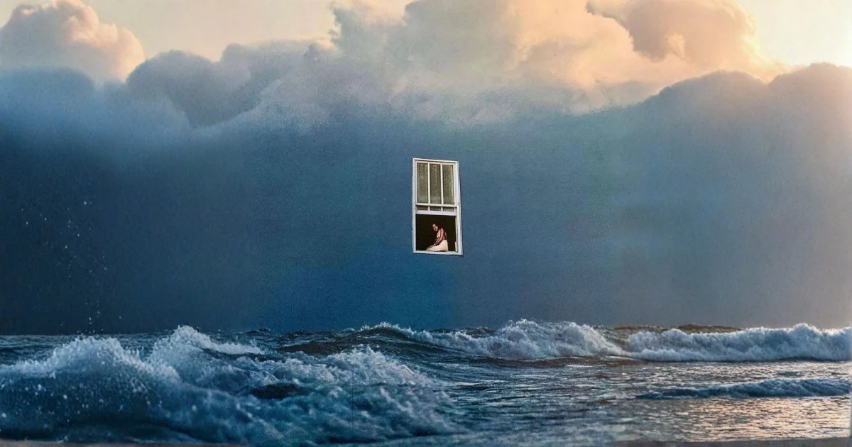 A collage of someone isolated looking at the world through a tiny window but the world is a massive scary ocean