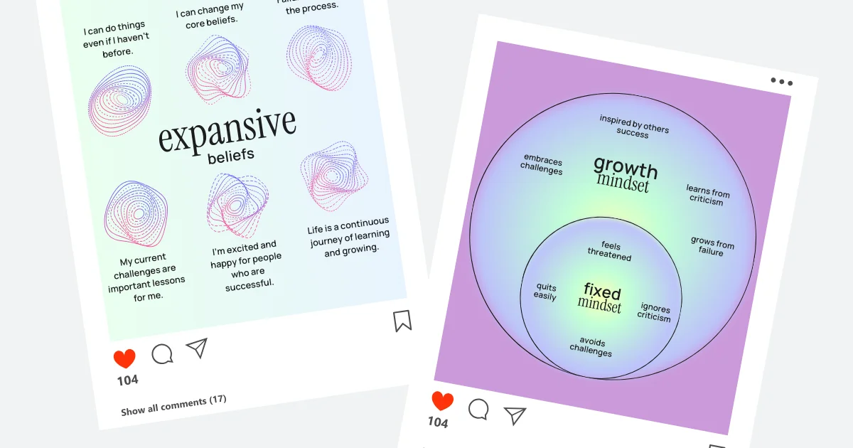 Two Instagram posts featuring mindset and positive psychology content with pastel colors and inspirational quotes