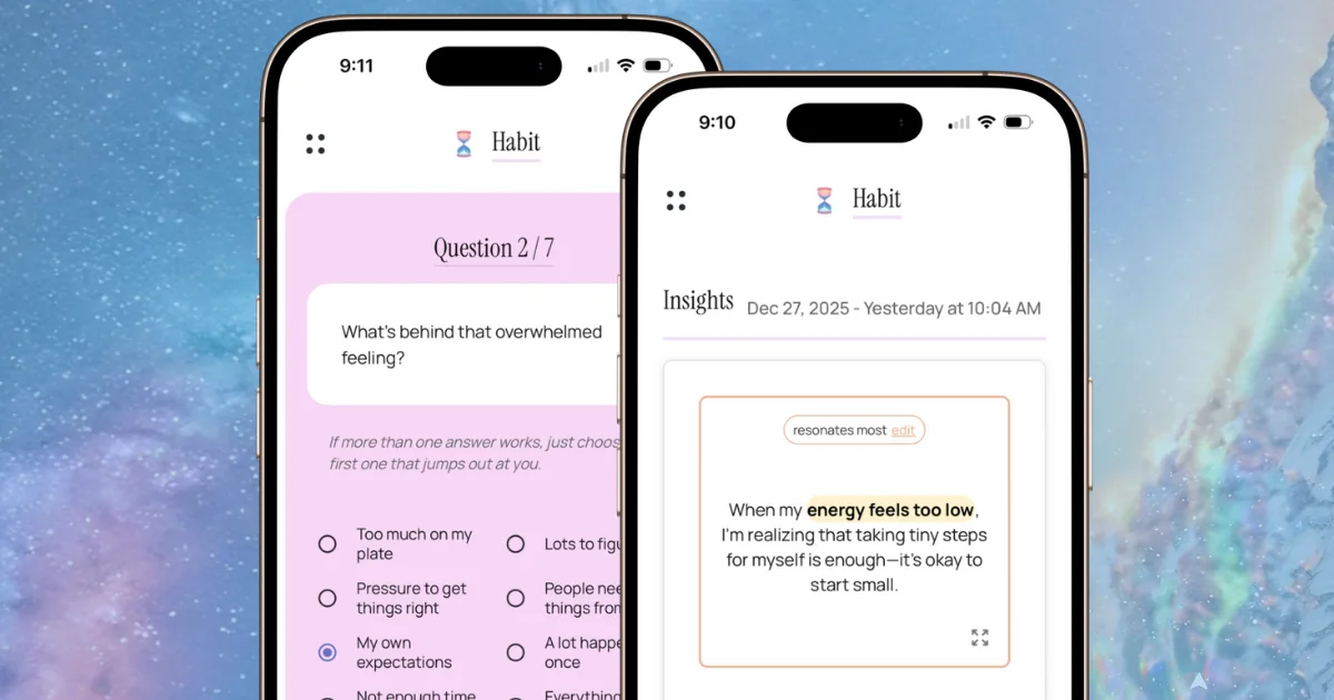A smartphone displaying a calming, minimalist interface with a multiple-choice question about emotional state, representing guided reflection without writing