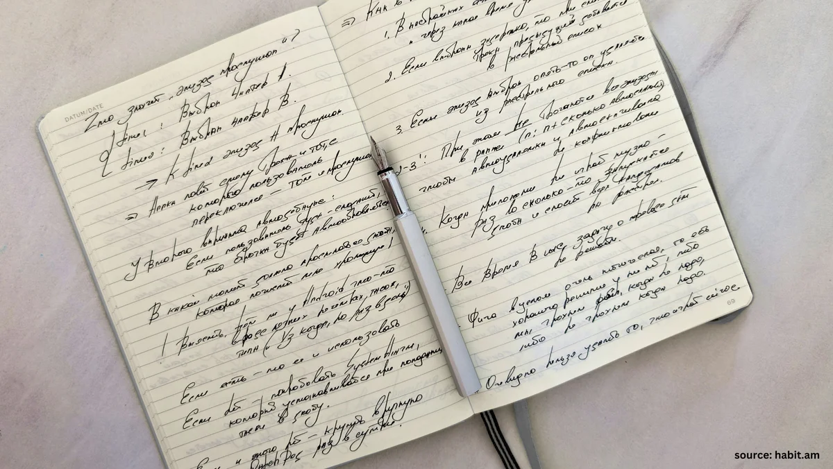 An open notebook filled with handwritten morning pages and a fountain pen