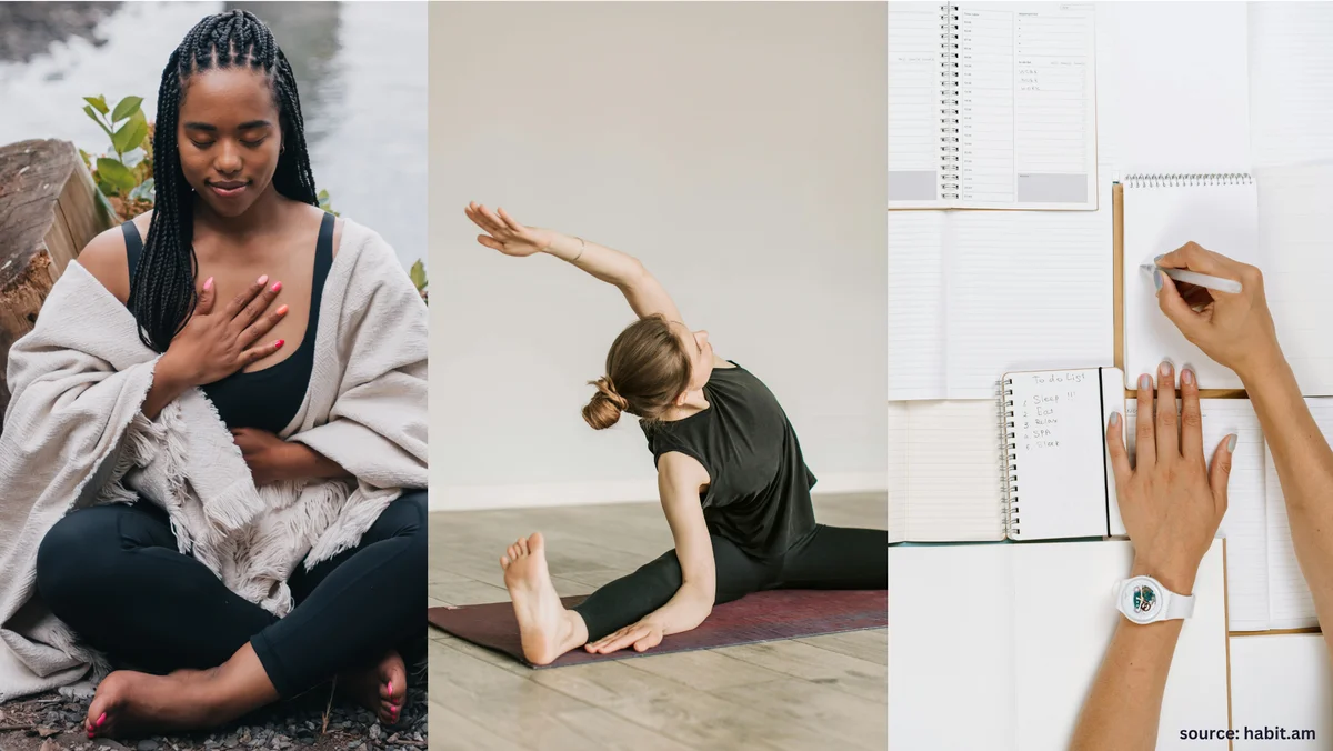 Three side-by-side photos showing meditation, yoga, and journaling as different reflection techniques